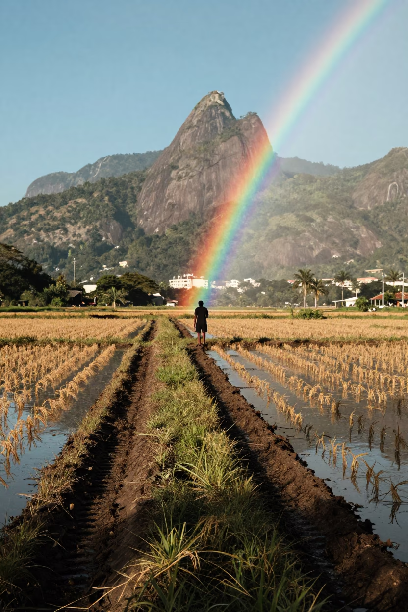 Rainbow Over Rio Rice Paddy After Storm in beside a tractor track through dark soil near Rio de Janeiro