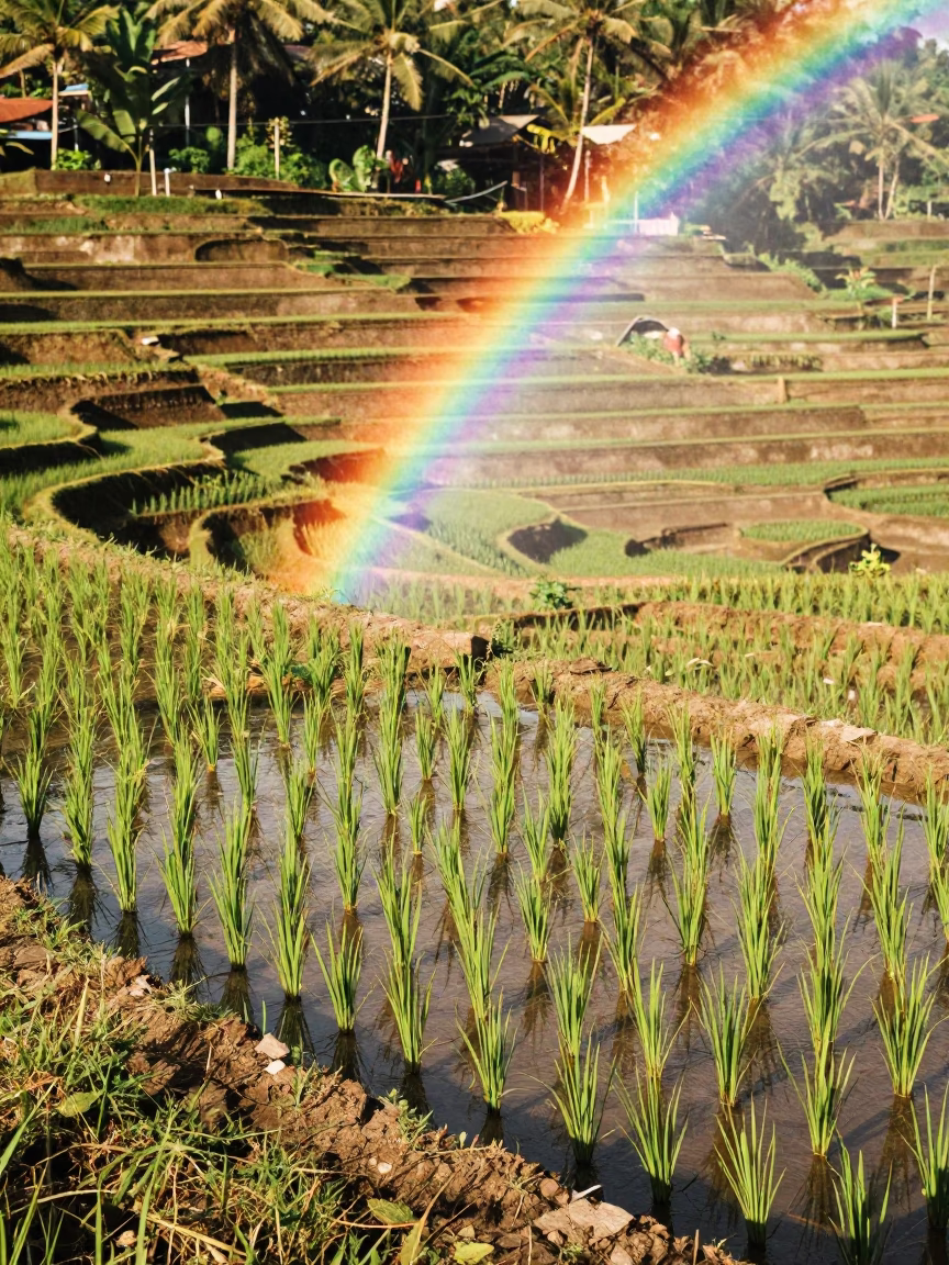 Rainbow Over Terraced Rice Paddies Indonesia in among terraced rice paddies in Indonesia