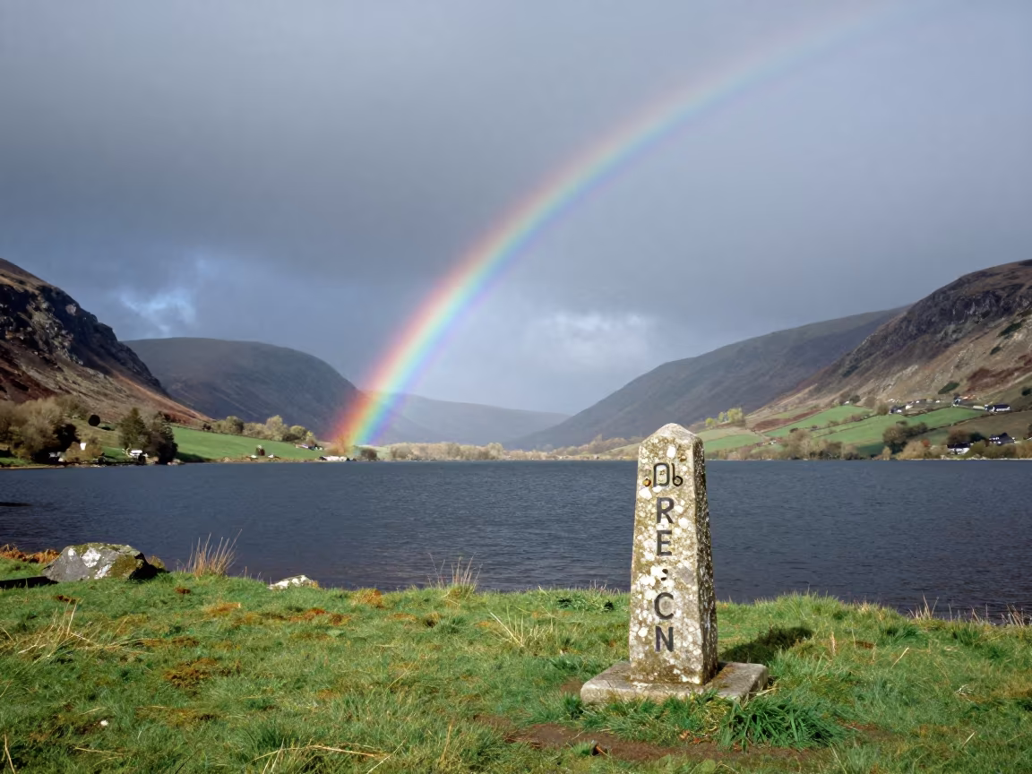 Rainbow Over Welsh Lake Between Storm Cells in in Wales
