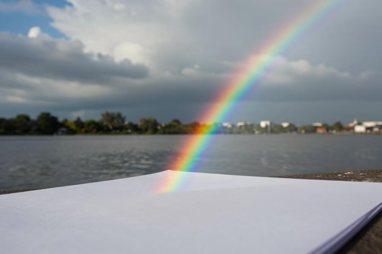Rainbow Prism Light Over Thai Storm Clouds in over a horizon of stacked thunderheads in Thailand