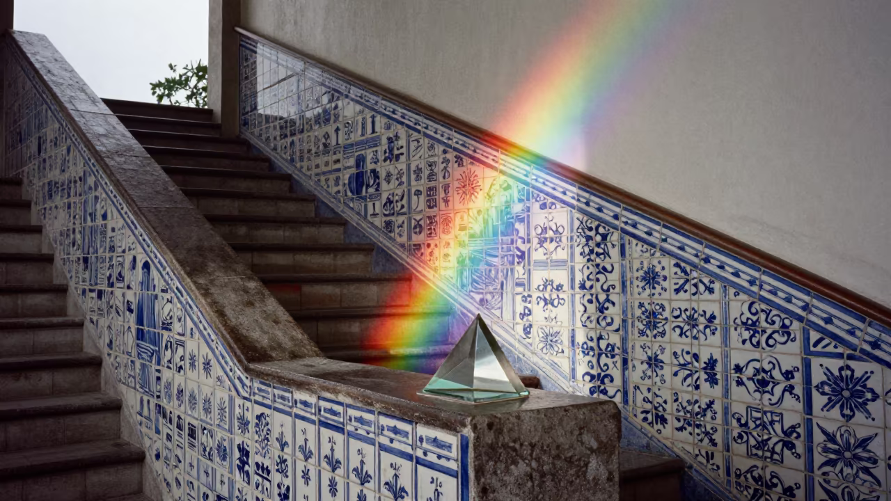 Rainbow Prism Light on Tiled Rio Stair Hall Wall in inside a tiled stair hall near Rio de Janeiro