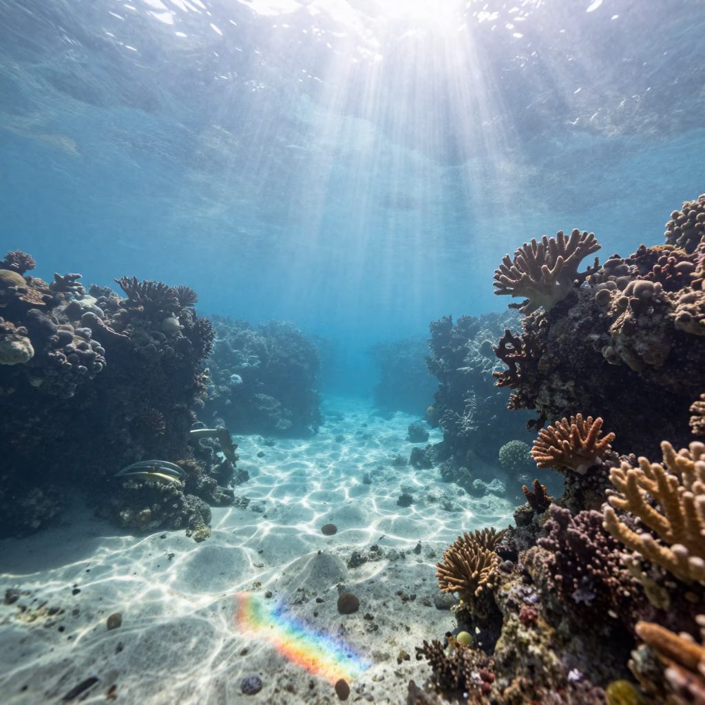 Rainbow shafts on Cebu reef in beside a reef crevice under clear water near Cebu