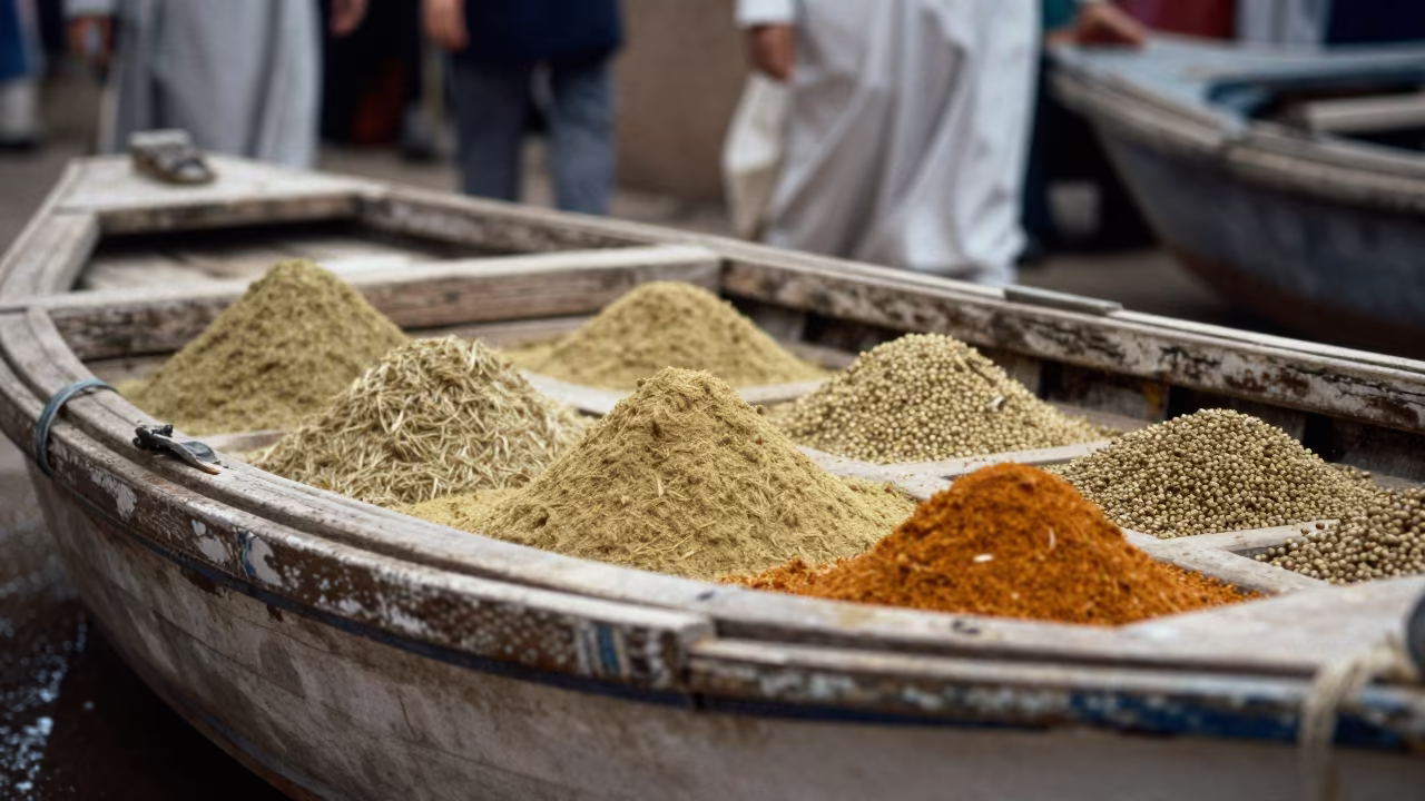 Rainbow spice rows cumin coriander Marrakech souk in at a floating market boat in Marrakech
