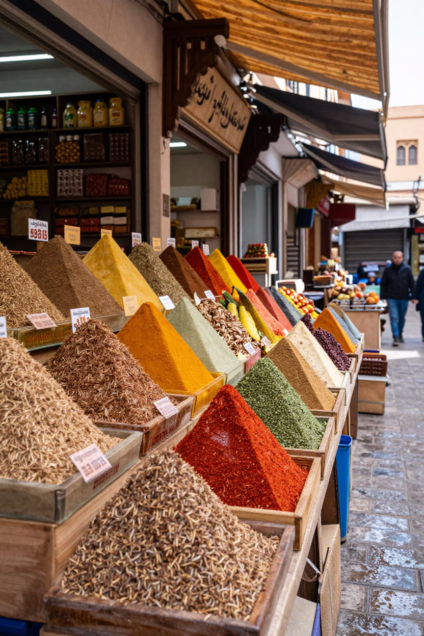 Rainbow Spice Rows in Fez Covered Bazaar in in a covered bazaar aisle in Bab Bou Jeloud, Fez