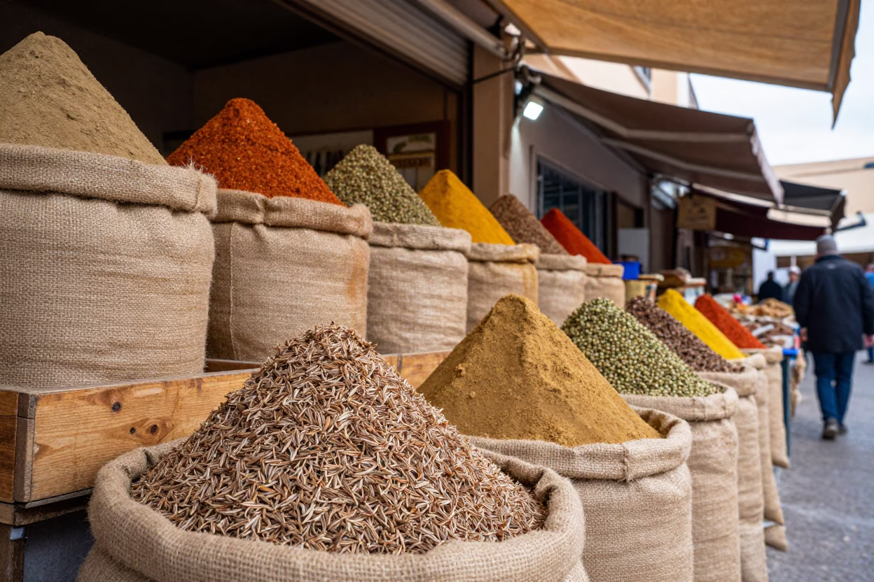 Rainbow Spice Rows at Fez Souk Market Stall in at a market stall in Fez