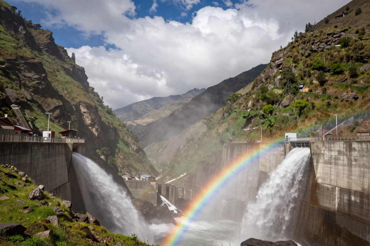 Rainbow Spray from Hydroelectric Spillway in Peru in beside a hydroelectric intake in Peru