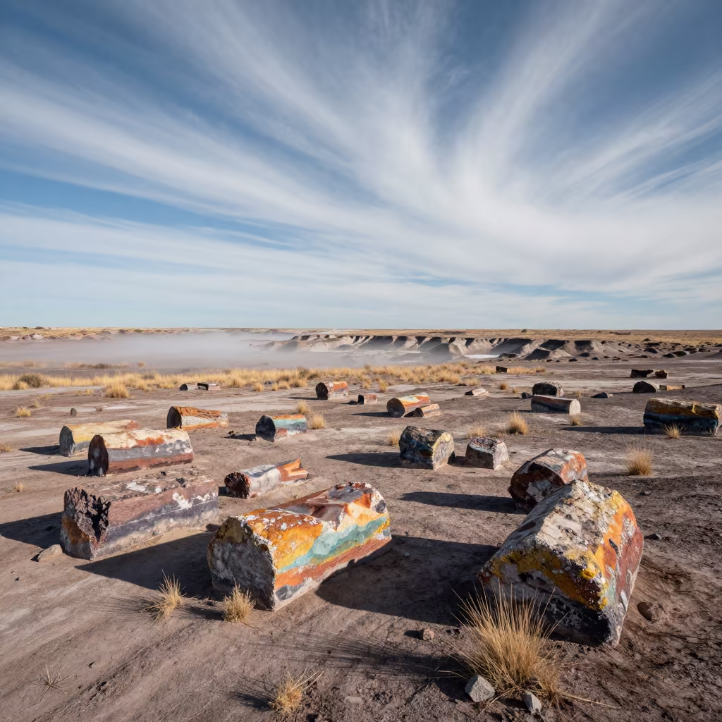 Rainbow Stone Logs in Misty Petrified Forest in beneath fast-moving cloud bands near Nuevo Laredo