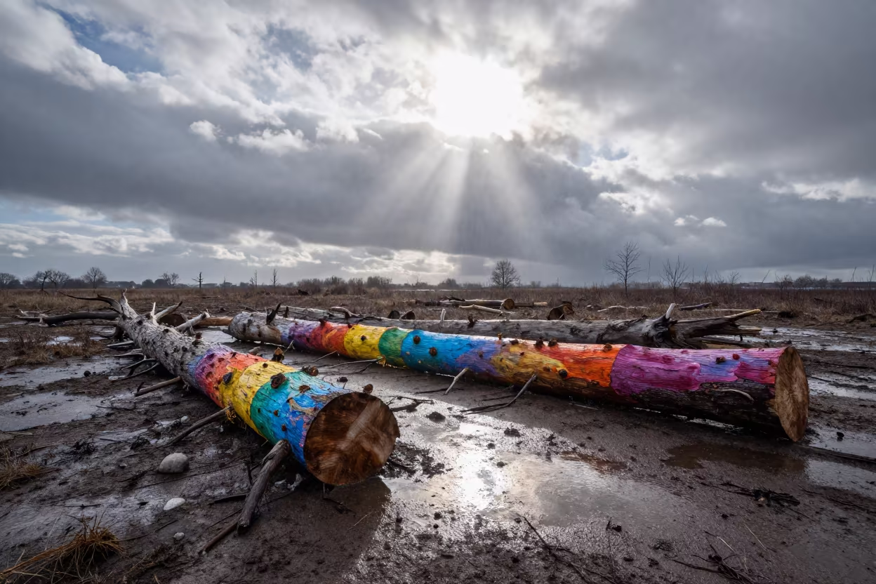 Rainbow Trunks in Winter Clouds in beneath fast-moving cloud bands near Eppendorf, Hamburg