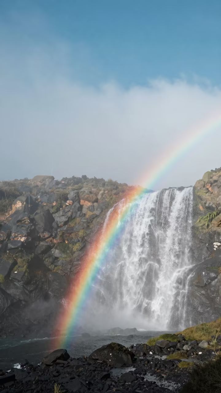 Rainbow in Waterfall Spray Through Chilean Fog in through low marine fog in Chile