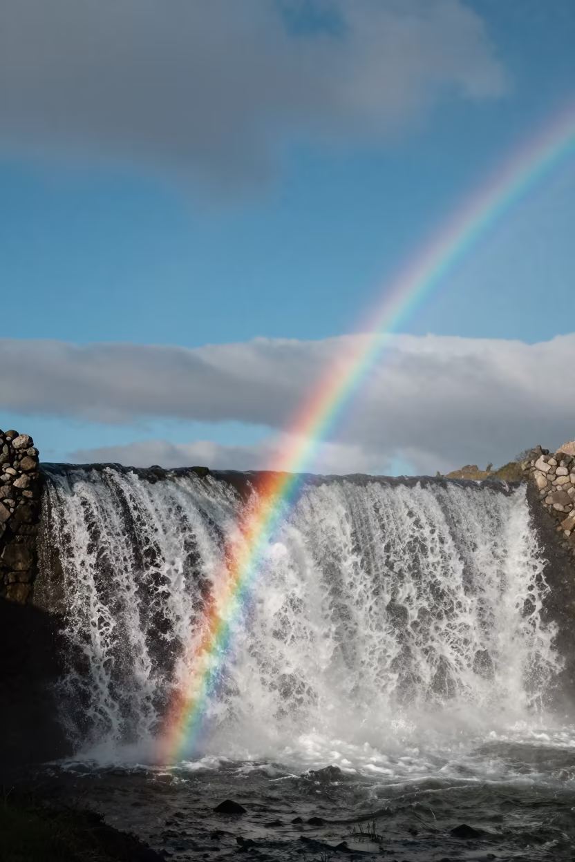Rainbow in Waterfall Spray Under Clear Winter Sky in beneath fast-moving cloud bands near Quito