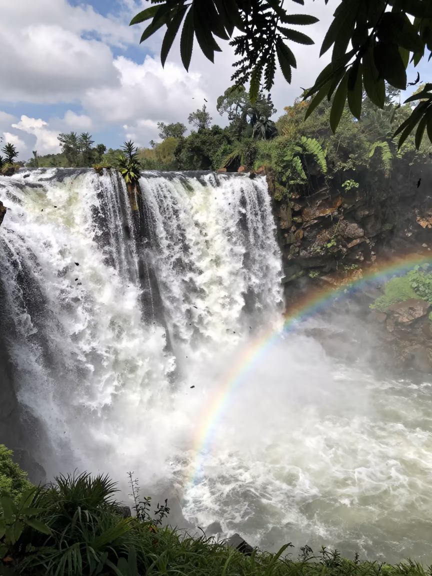 Rainbow in Waterfall Spray Quito in beneath fast-moving cloud bands near Centro Historico, Quito