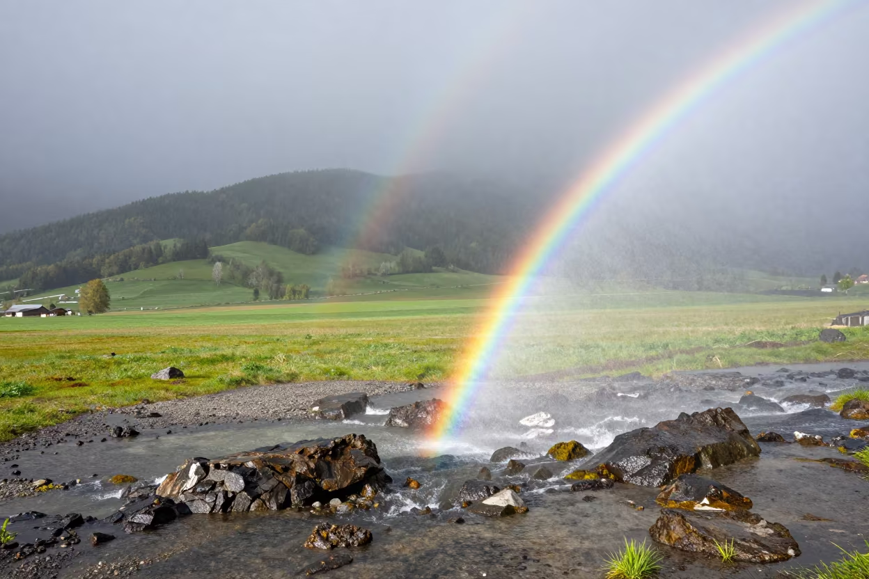 Rainbow in Waterfall Spray Tyrol Spring in across a storm-bright plain in Tyrol