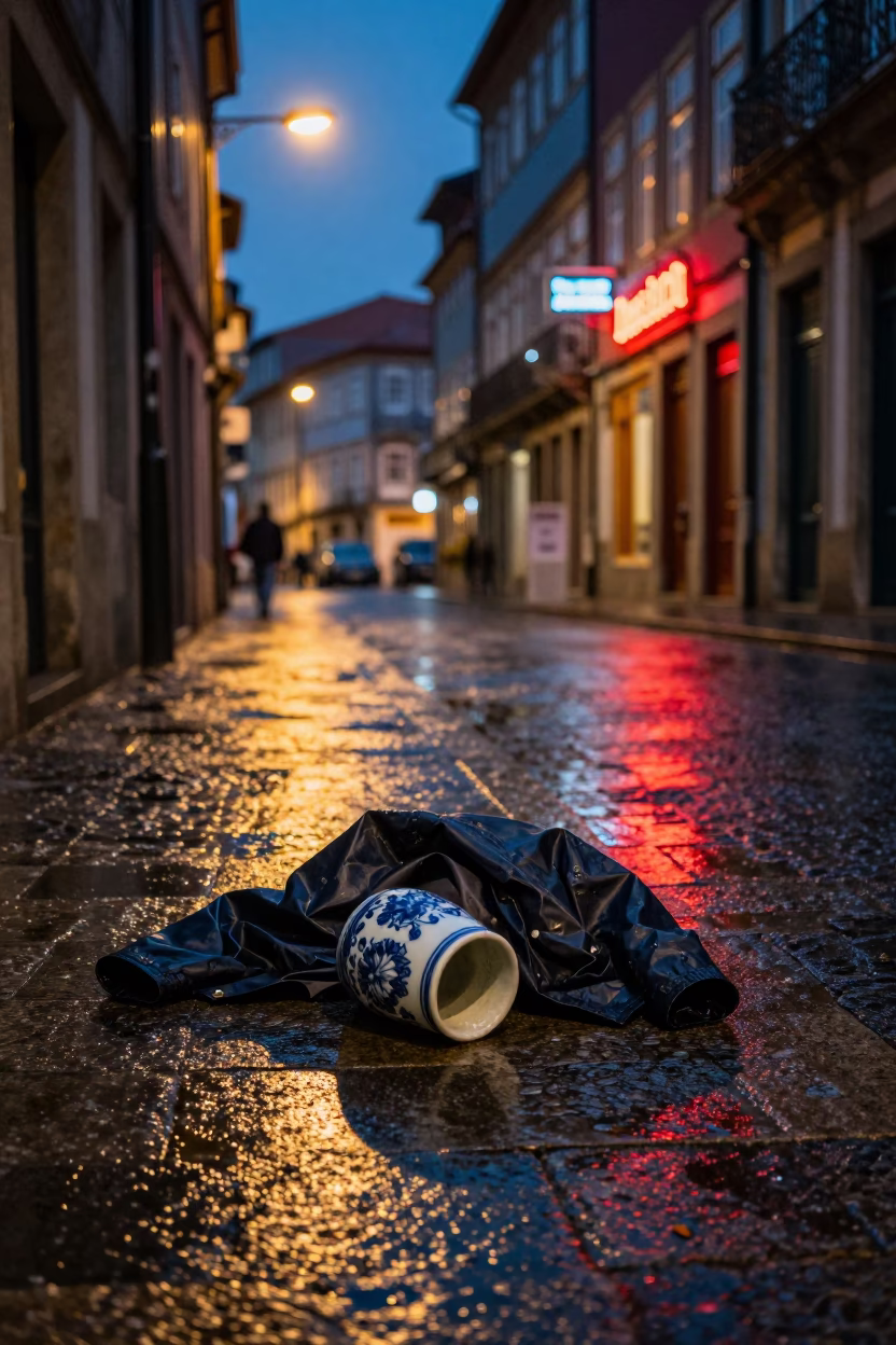 Raincoat after dark in Porto in in Porto, Portugal