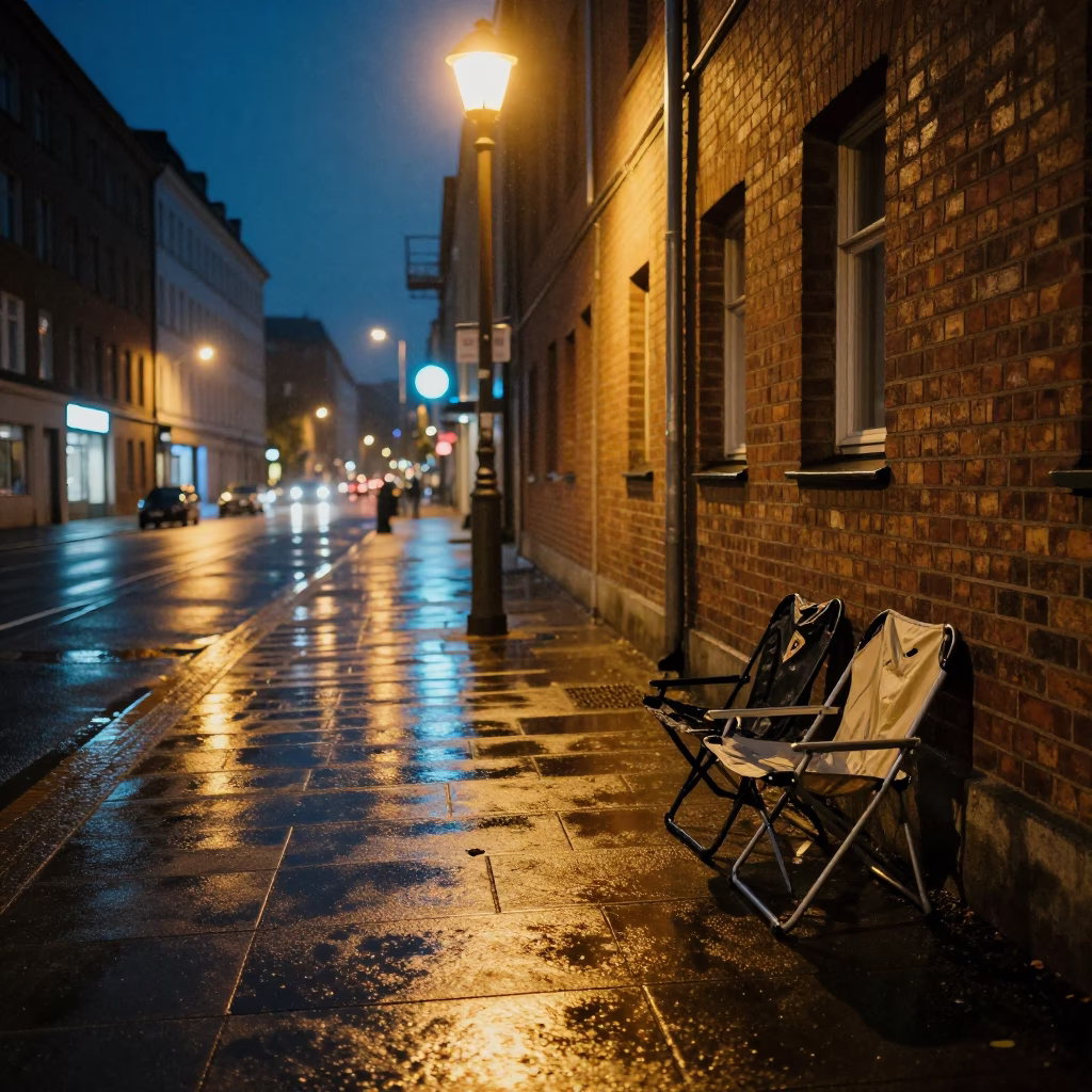 Raincoat and Folding Stools Under Berlin Night Streetlights in in Berlin, Germany