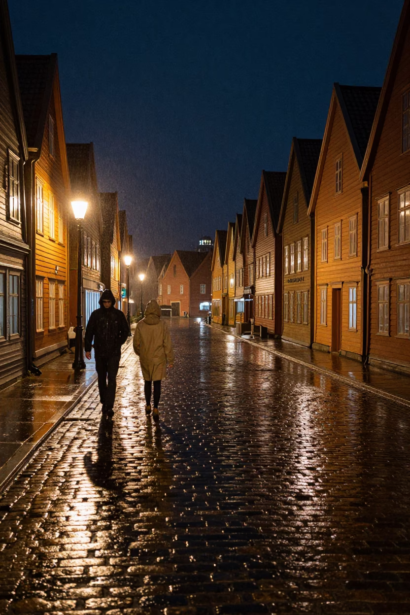 Raincoats and Cobblestones in Bergen Norway Under Night Streetlights in in Bergen, Norway