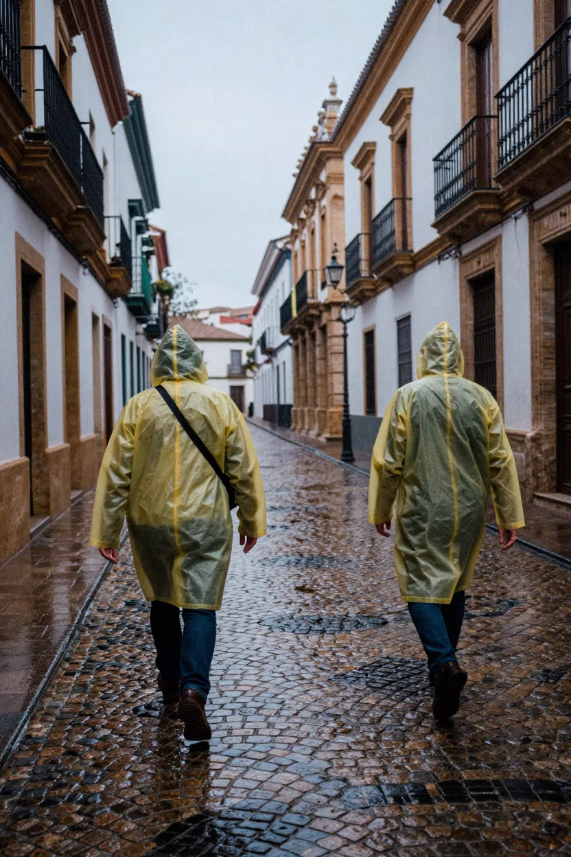 Raincoats and Cobblestones in Seville During Dusk Light Rain in in Seville, Spain