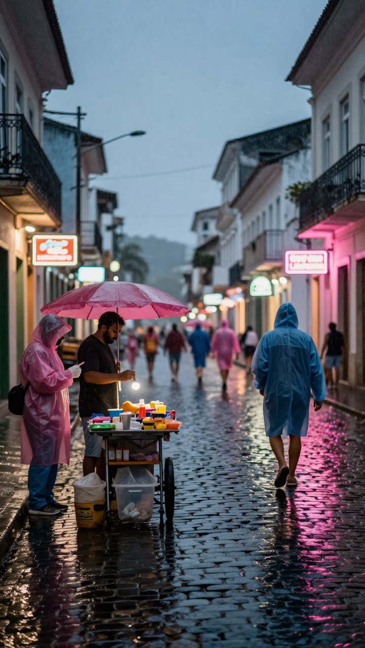Raincoats and street vendors under dusk rain in Salvador Brazil in in Salvador, Brazil