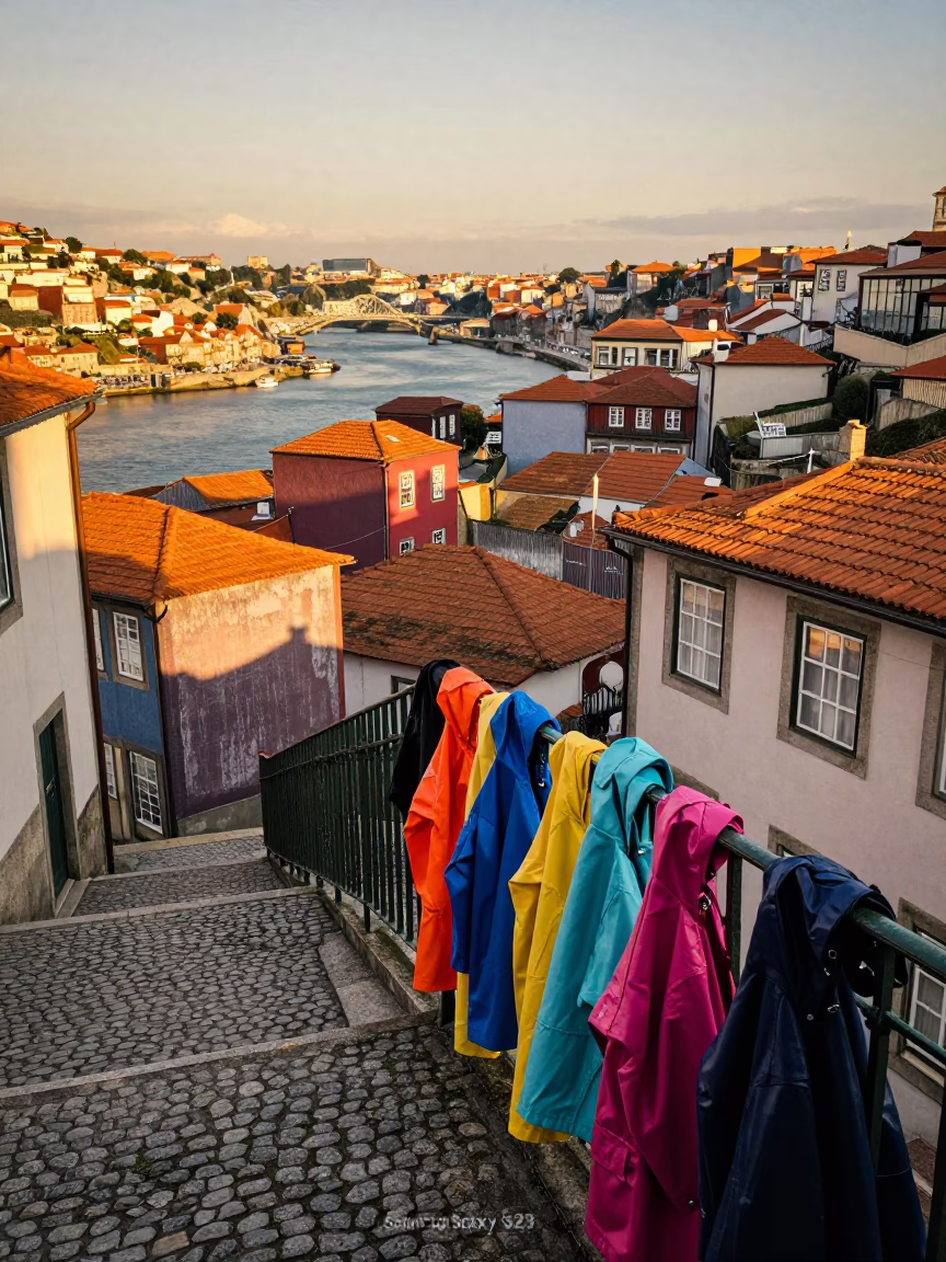 Raincoats hanging on iron balcony overlooking Douro River in Porto Portugal during golden hour in in Porto, Portugal