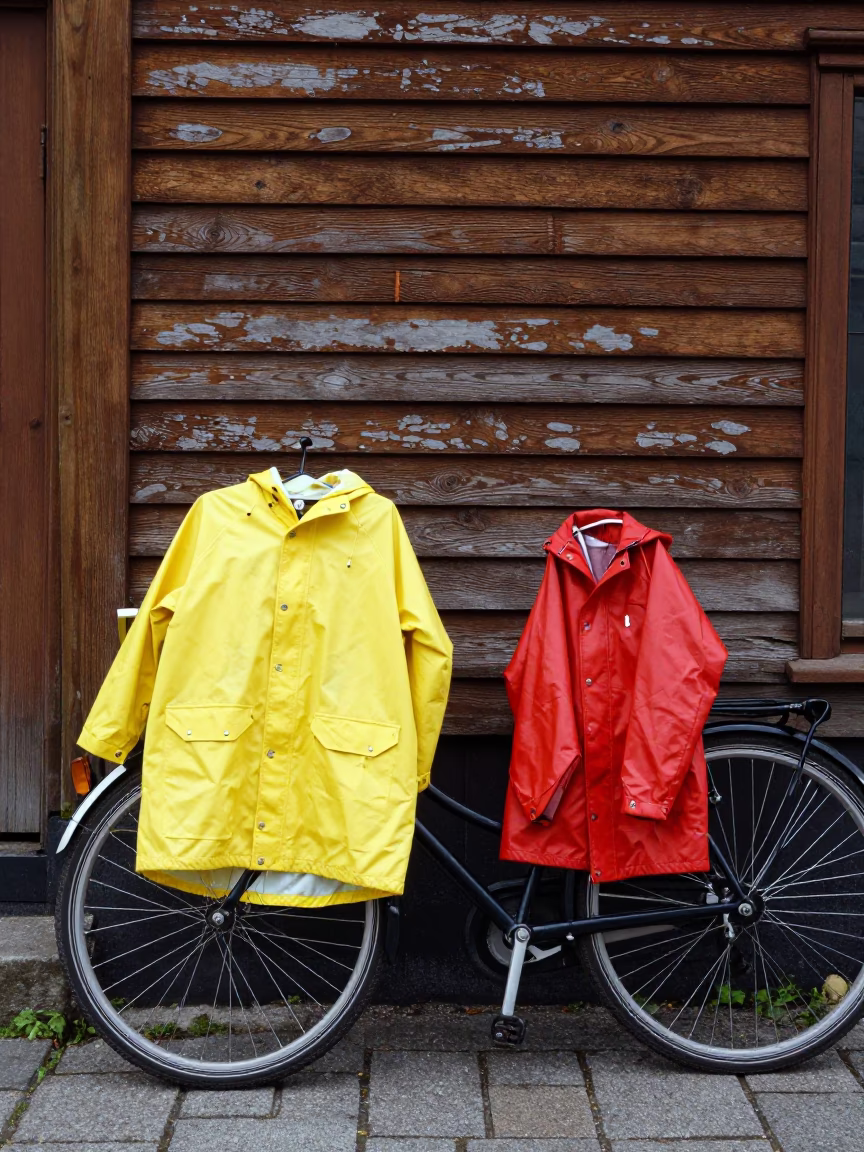 Raincoats in Bergen at Flat Noon Light in in Bergen, Norway