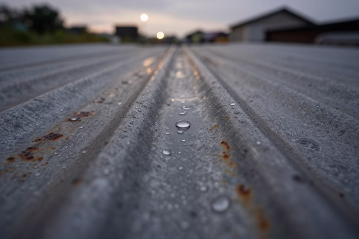 Raindrop Impact on Manila Metal Surface in across a rain-beaded metal surface in Manila