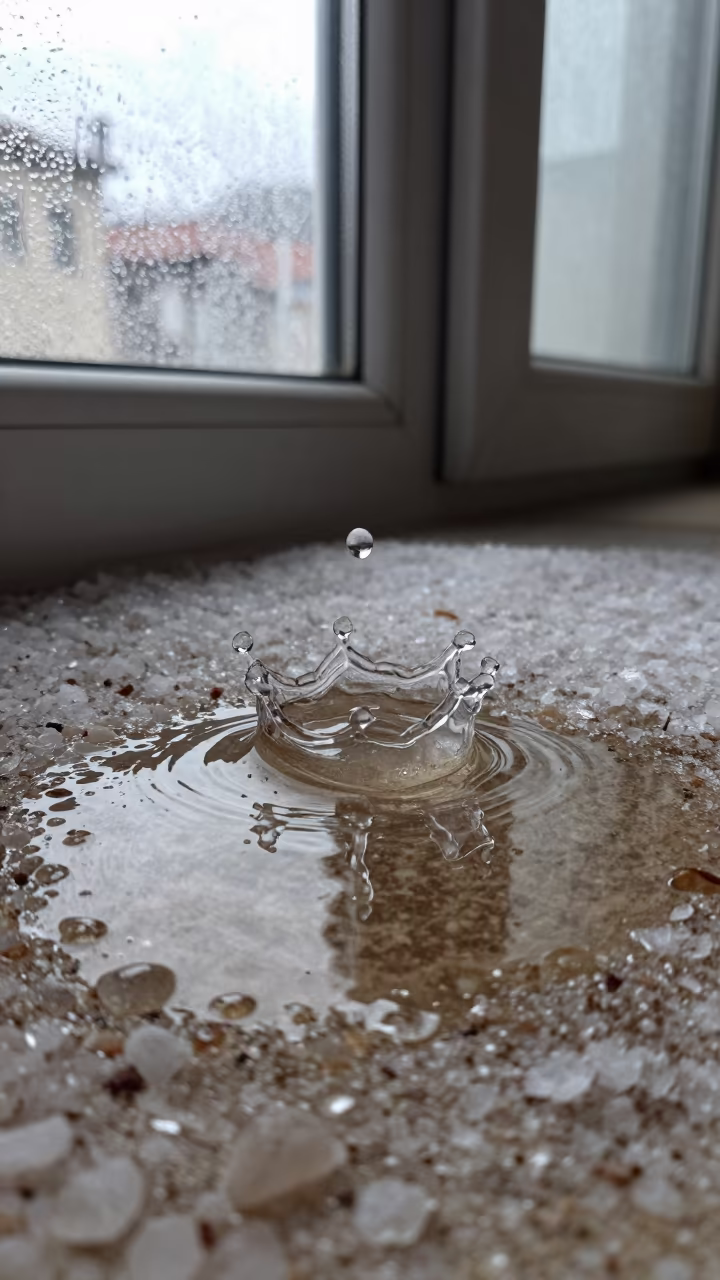 Raindrop Impact on Salt Crystals Winter Puddle in on salt crystals along a pan rim in Yalova