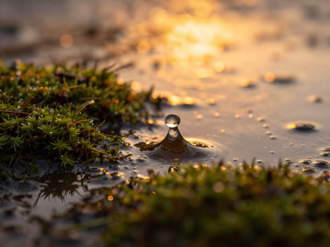 Raindrop Impact on Winter Moss in Berat in on dew-soaked moss in Berat