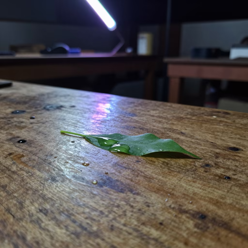 Raindrop on Leaf Tip in Kisangani Workshop in on a wooden workbench near Kisangani