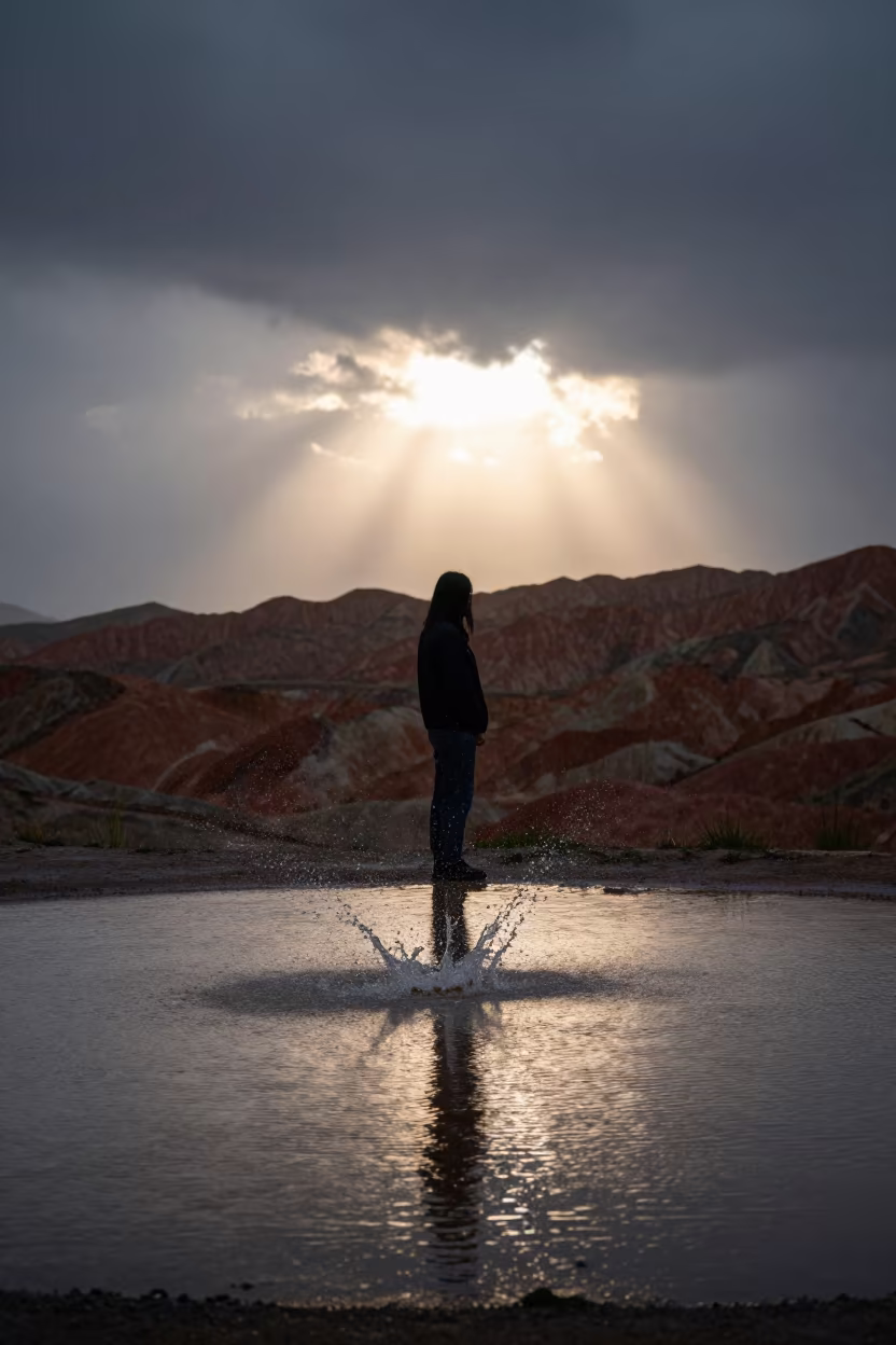 Raindrops Explode on Puddle at Dawn in Xinjiang in in Xinjiang