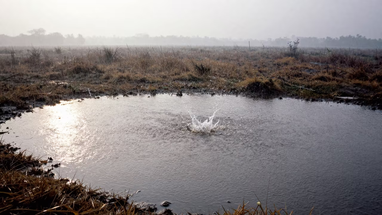 Raindrops Explode on Valley Puddle Dawn in across a wide valley floor near Noida