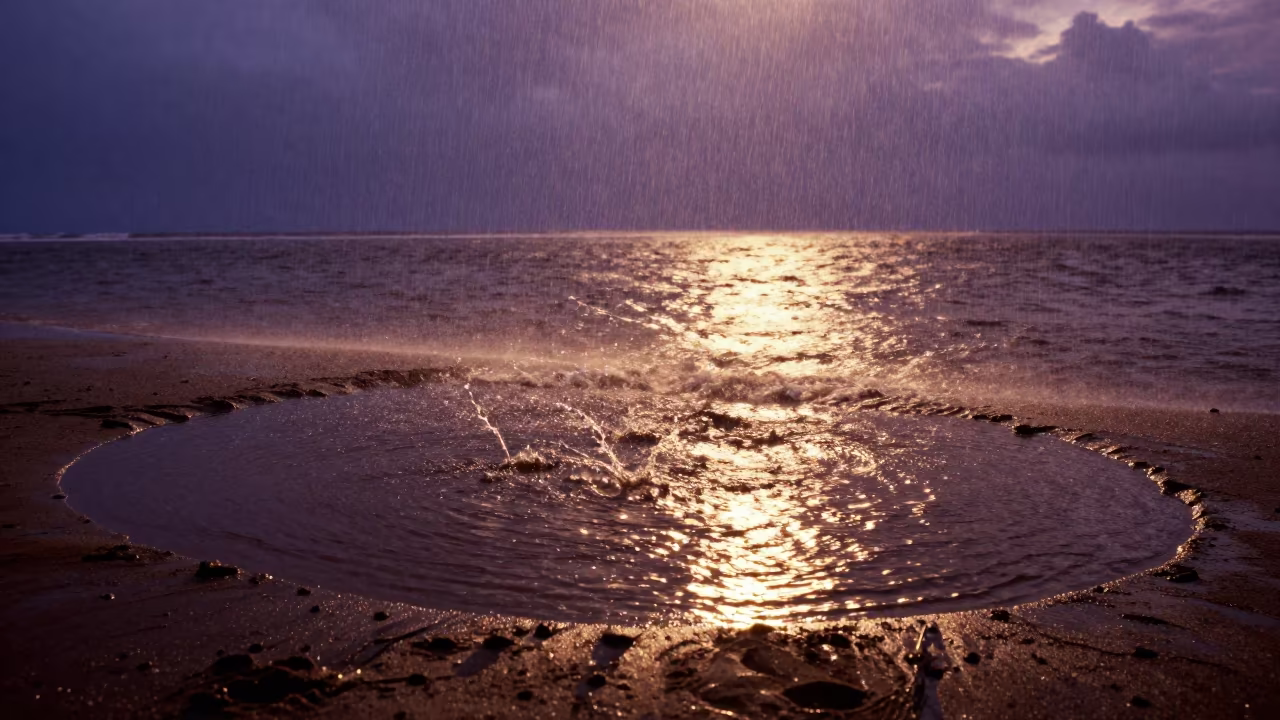 Raindrops Exploding on Costa Rican Shoreline Puddle in along a wave-cut shoreline in Costa Rica