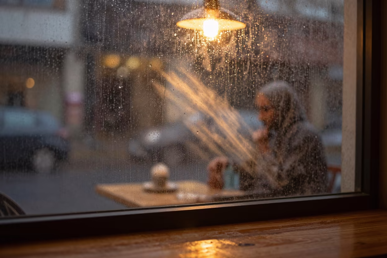 Raindrops on Fogged Cafe Window in Hadejia in on a cafe table by a window in Hadejia