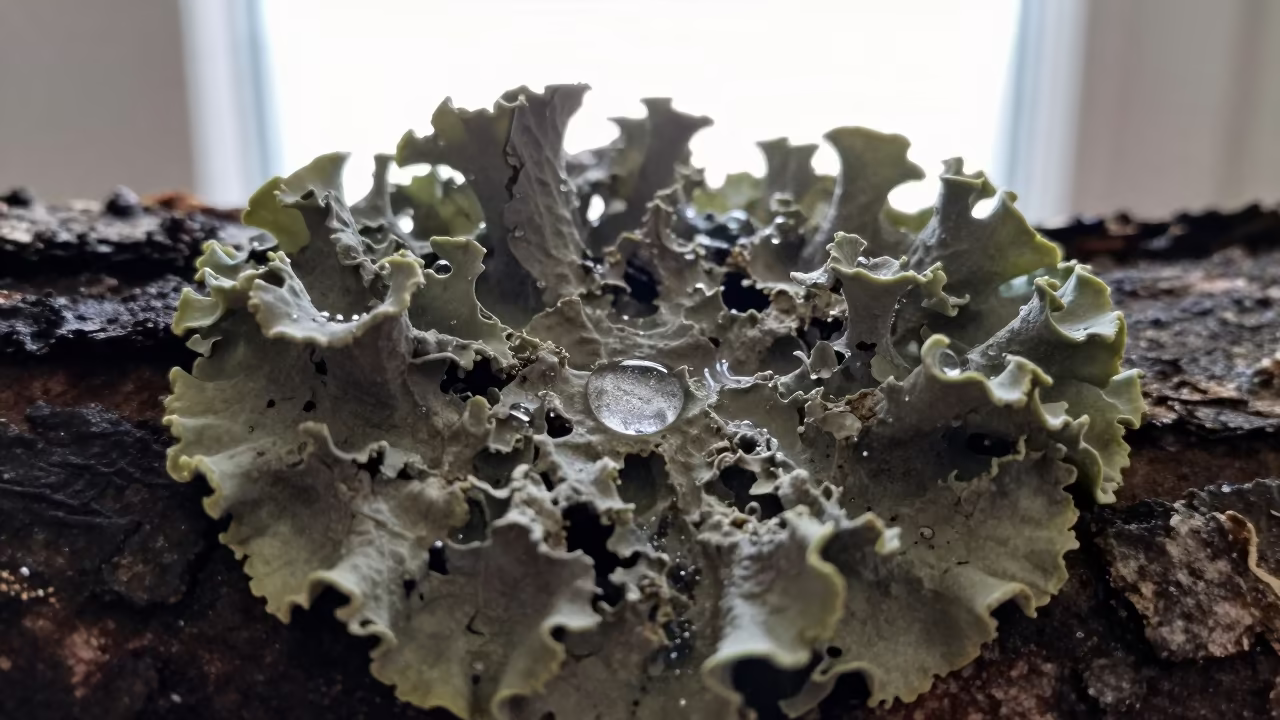 Raindrops in Lichen Cups Macro Sunderland in on lichen-covered bark in Sunderland