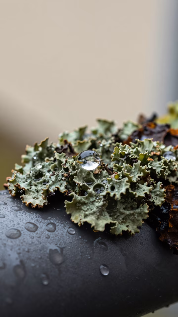 Raindrops in Lichen Cups on Metal at Dawn in across a rain-beaded metal surface near Ibiza