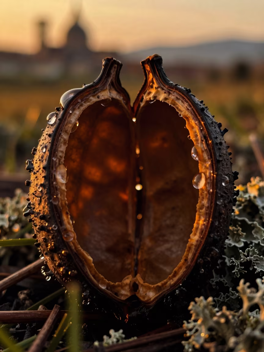 Raindrops in Lichen Cups Inside Seed Pod in inside a seed pod split open in Santa Croce, Florence