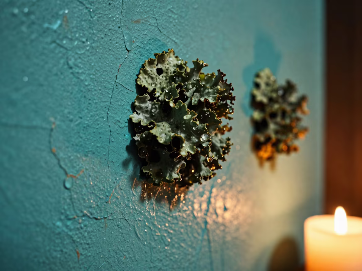 Raindrops in Lichen Cups on Weathered Turquoise in against weathered turquoise paint in Keur Massar Sud