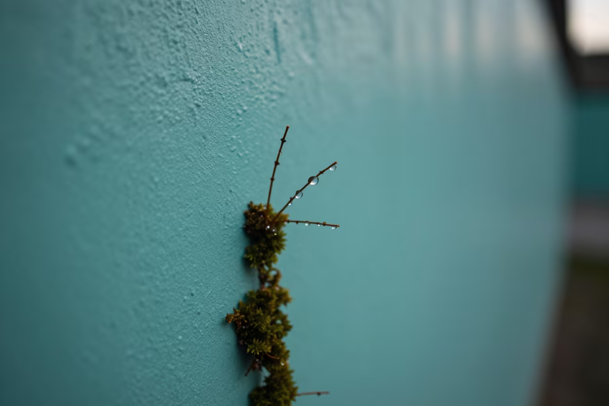 Raindrops on Moss Against Turquoise Wall in against weathered turquoise paint in City of Westminster