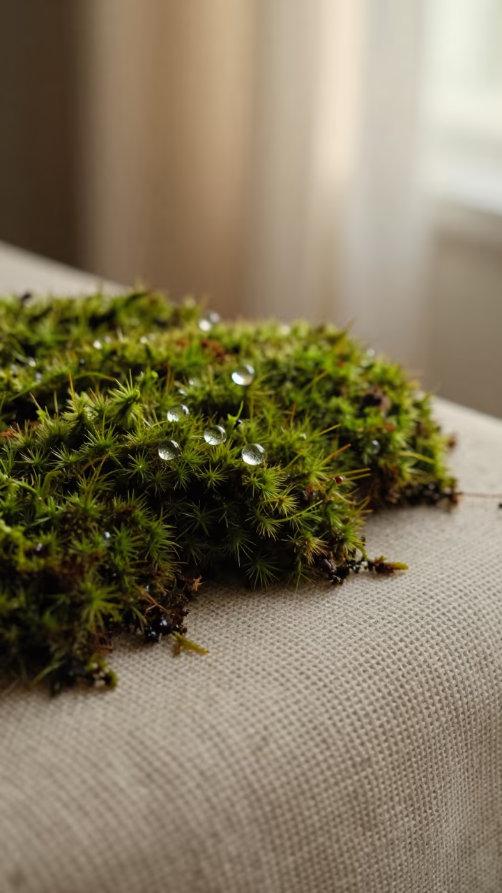 Raindrops on Moss Against Woven Linen in Quito in against woven linen fibers in La Floresta, Quito