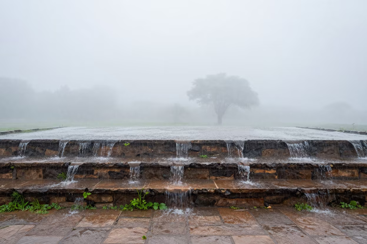 Rainfall on Stone Steps in Central African Fog in through low marine fog in Central African Republic