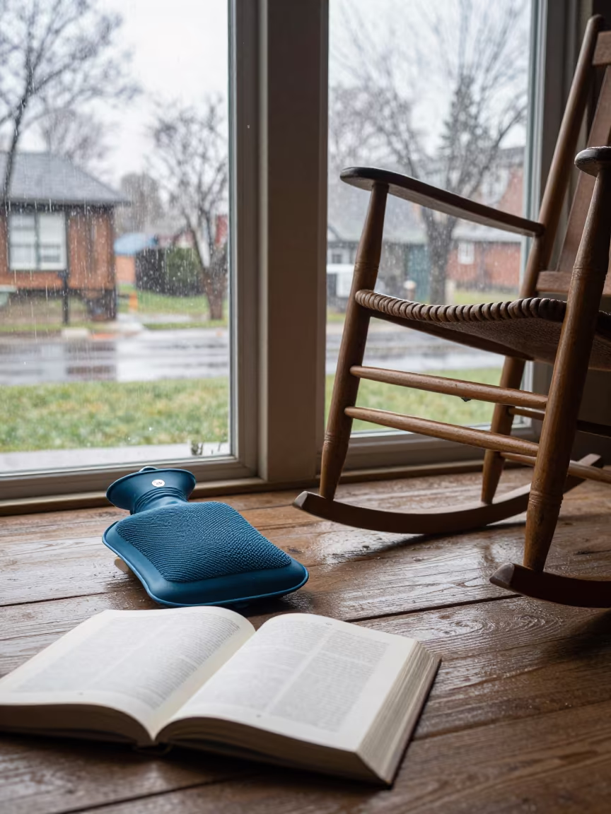 Rainstorm Book and Hot Water Bottle on Porch in on a porch with a rocking chair near Toronto