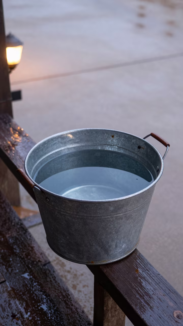 Rainwater Bucket on Vientiane Pier Railing in on a pier railing in Vientiane