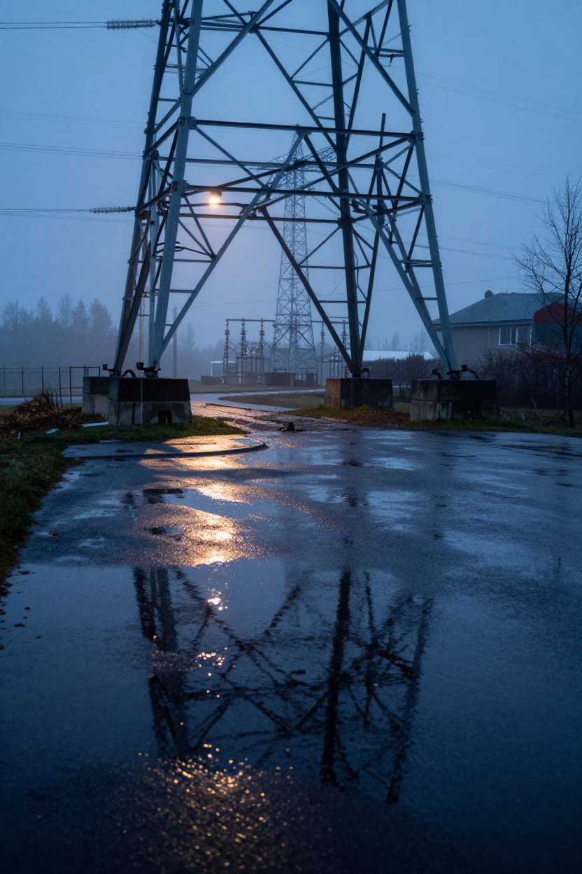 Rainwater Puddle on Substation Road in Latvia in beneath transmission towers in Latvia