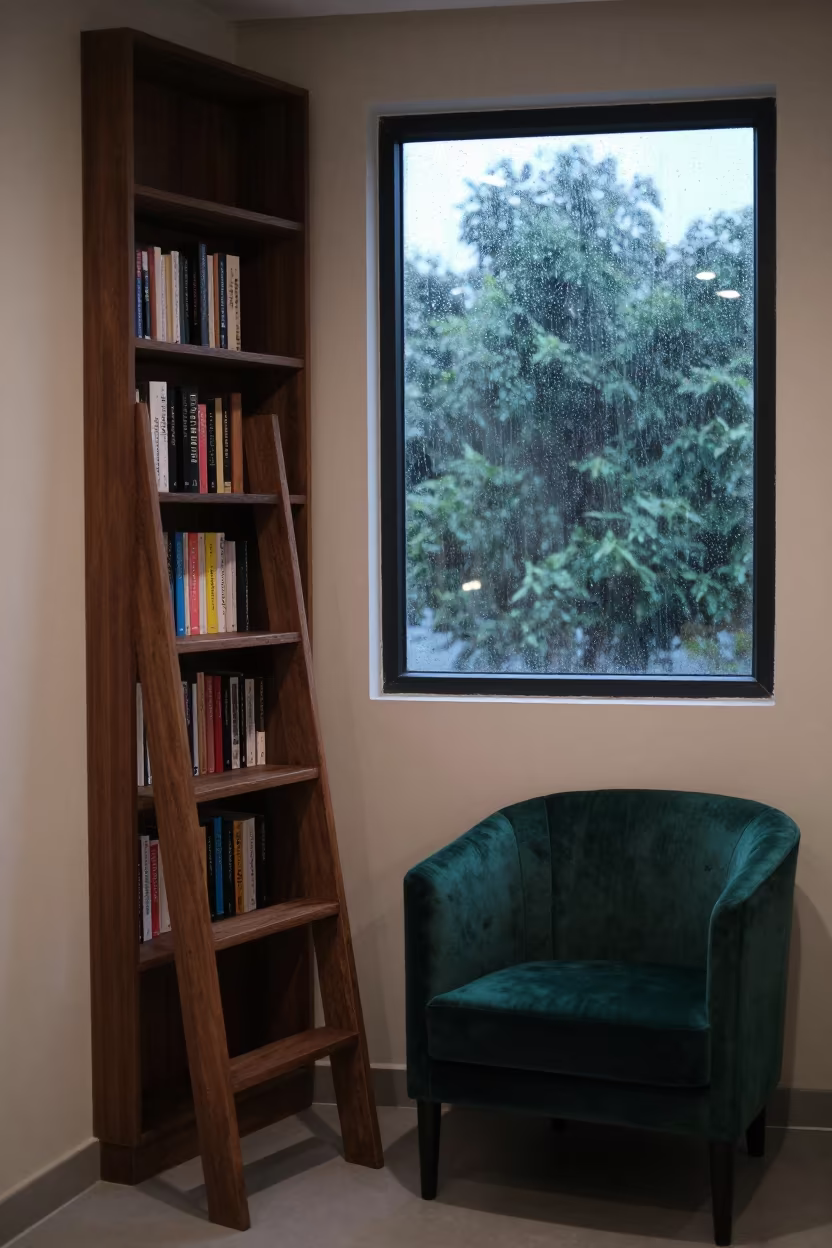 Rainy Afternoon Book Nook with Velvet Chair in beside a rain-streaked window in Nellore