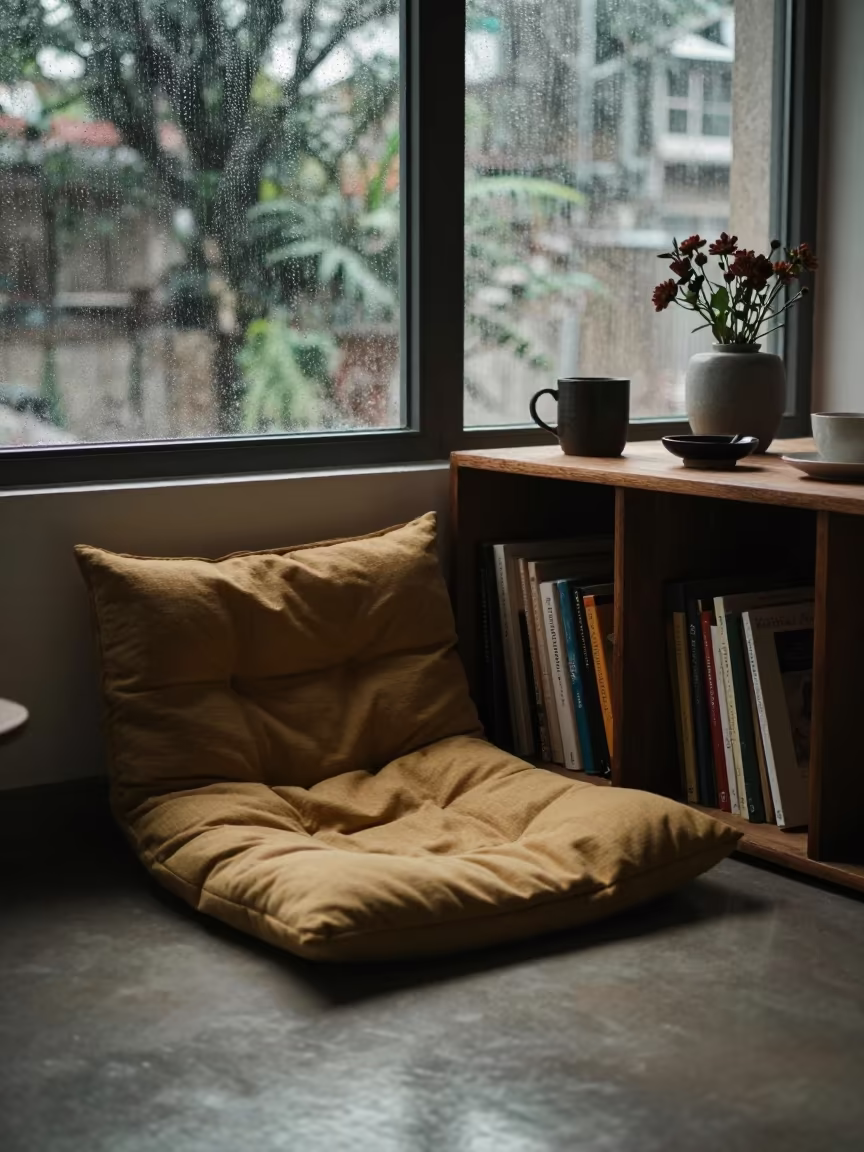 Rainy Afternoon Cushion Nook Near Bhubaneswar in in a breakfast nook near Bhubaneswar