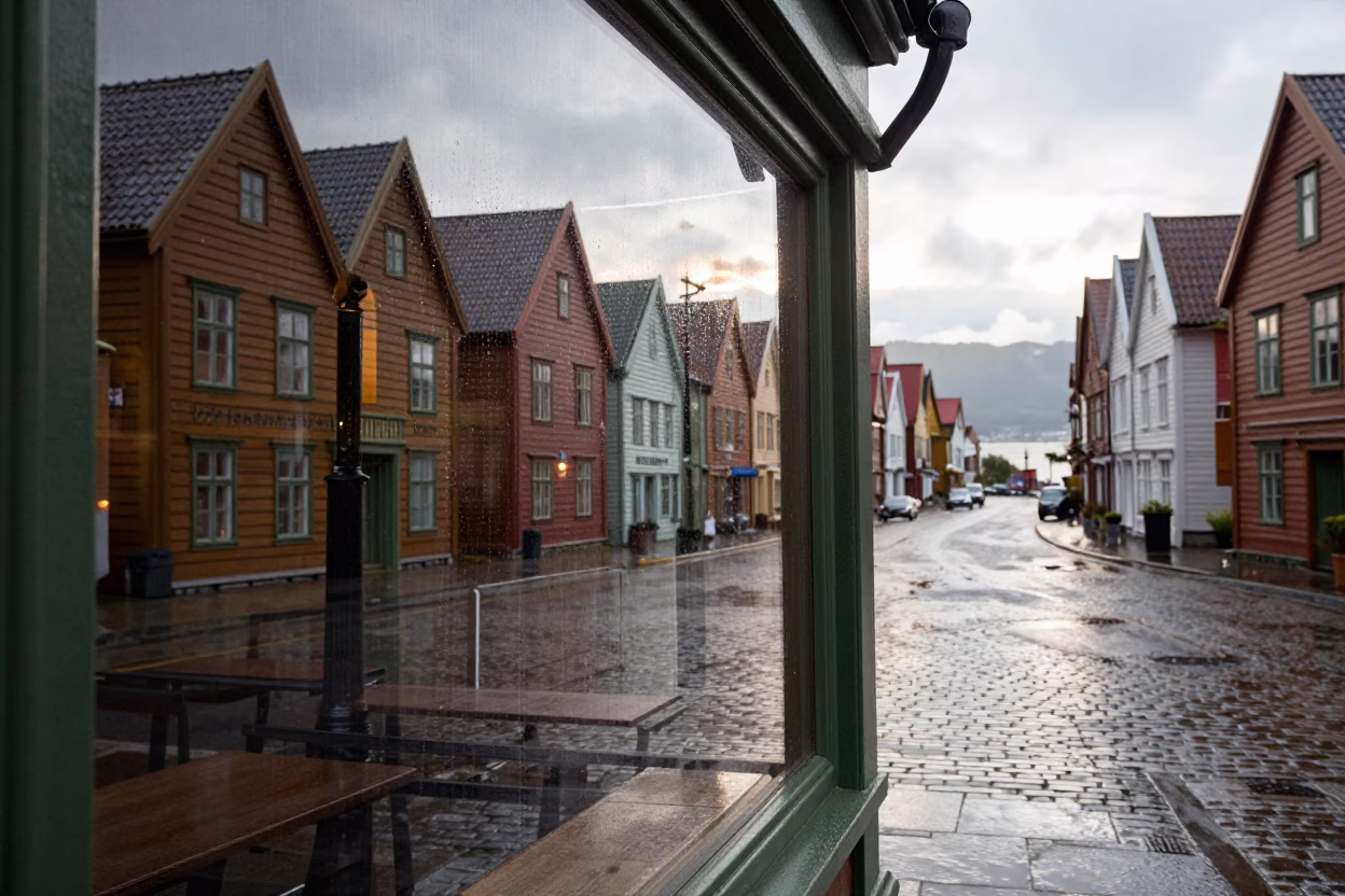 Rainy Afternoon in Bergen Norway with Clear Glass Window and Tunnel Portal in in Bergen, Norway