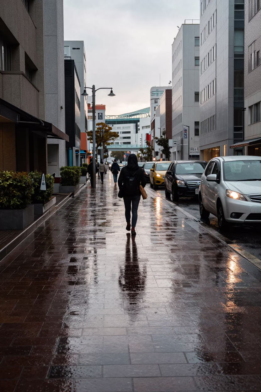 Rainy Afternoon in Sapporo Japan with Wet Puddles and Urban Street Life in in Sapporo, Japan