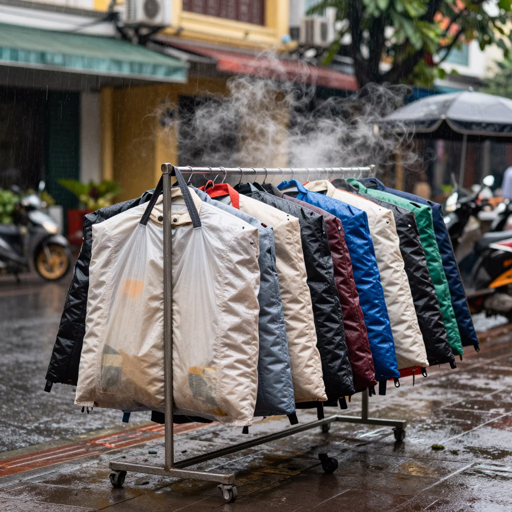 Rainy Afterparty Coat Check Bags in Da Nang in on a rain-darkened city sidewalk in Da Nang