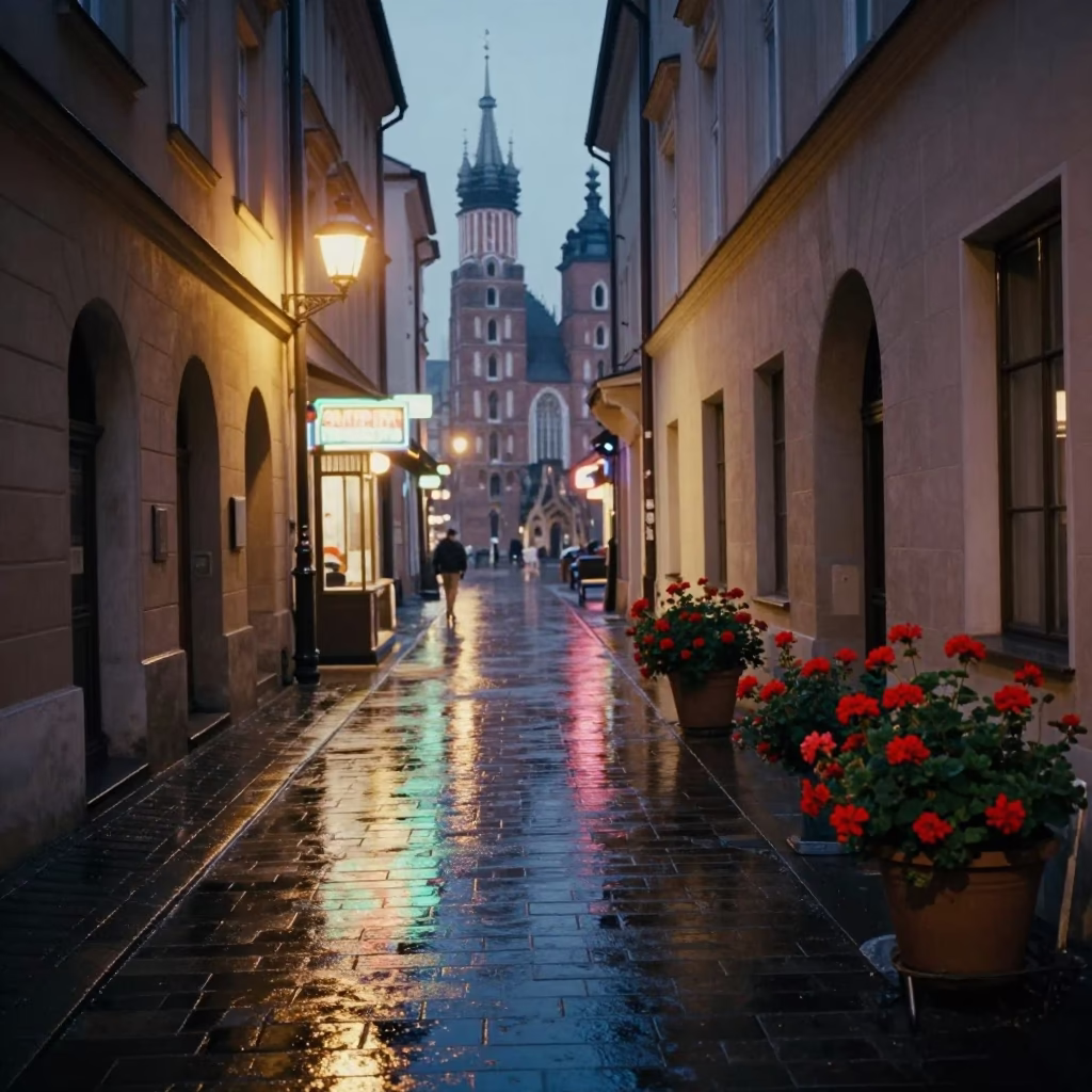 Rainy Alley in Krakow in in Krakow, Poland