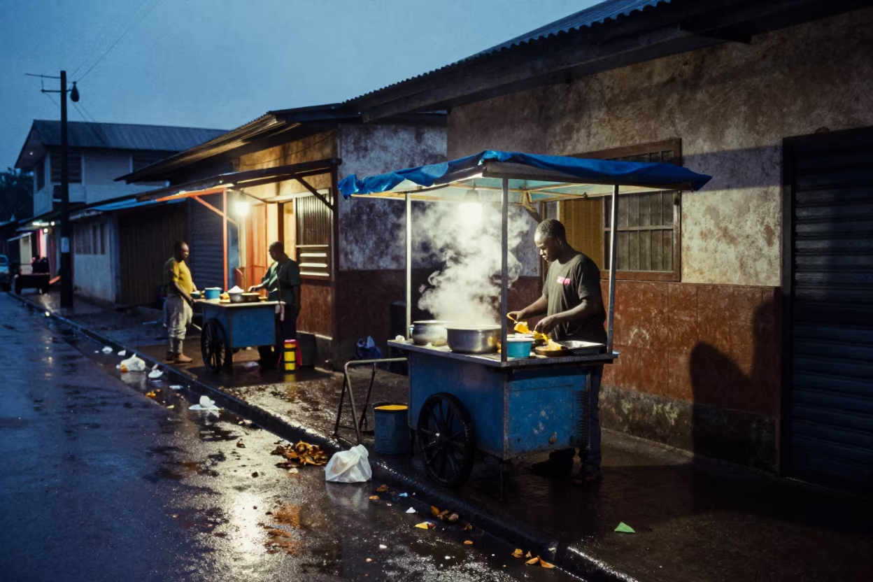 Rainy Alley Noodle Shop Blue Hour in by a rain-darkened kiosk in Idanre