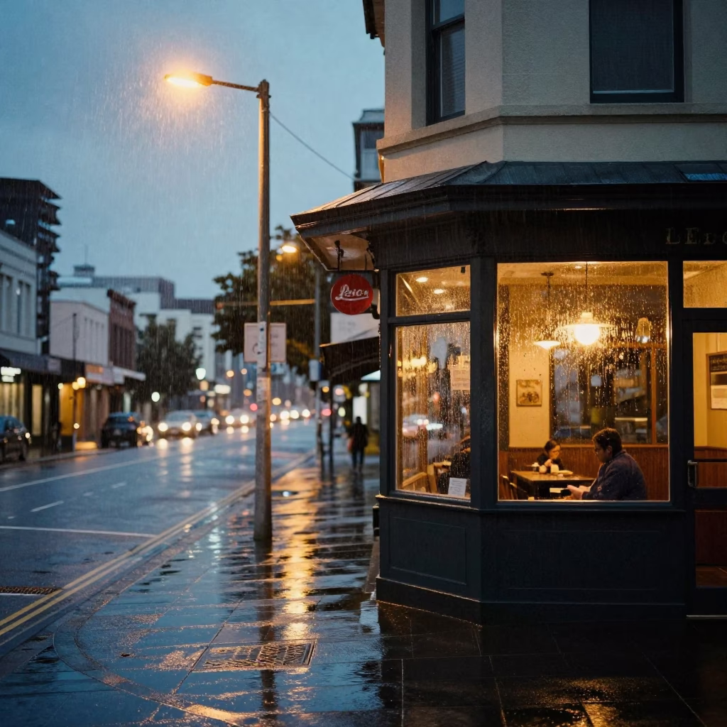 Rainy Auckland Dusk Street Scene with Wet Pavement and Urban Details in in Auckland, New Zealand