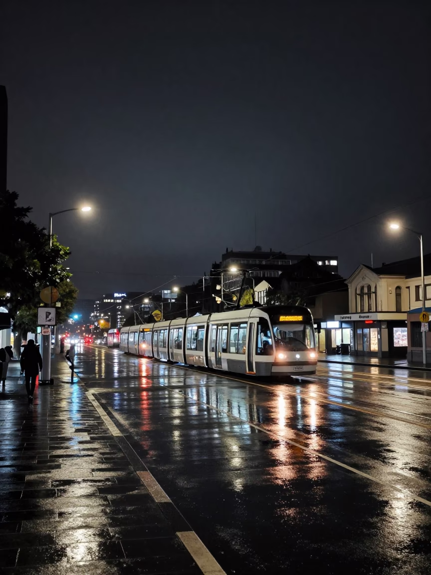 Rainy Auckland Night Street Scene with Tramcar Reflection and Urban Cobblestones in in Auckland, New Zealand